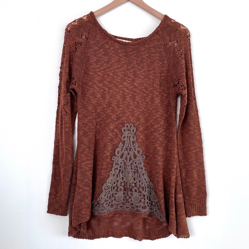Selfie Couture Brown Crochet Knit Long Sleeve Top